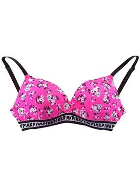 34DD Victoria's Secret Pink Floral Push-Up Padded Bra Black+White w/ Logo Trim